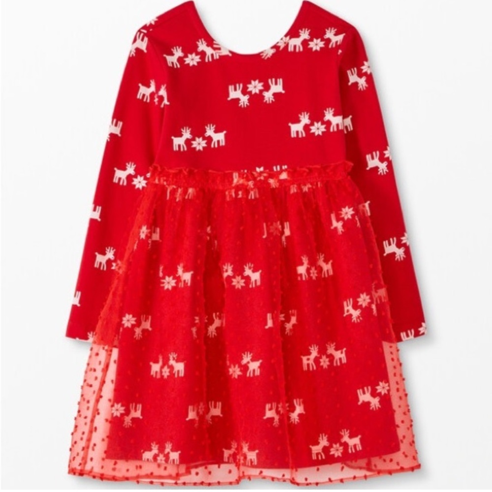 Hanna Andersson Dress Girls 3T 90 cm Reindeer Tulle Skirt Christmas Red White